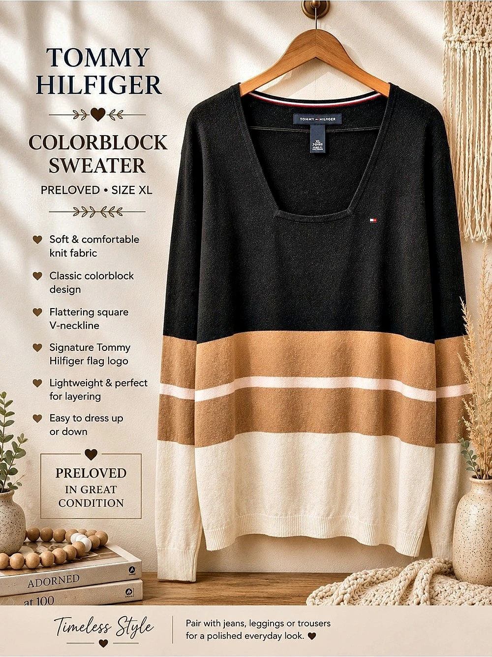 Tommy Hilfiger Color Block V-Neck Sweater Black & Brown XL Preloved